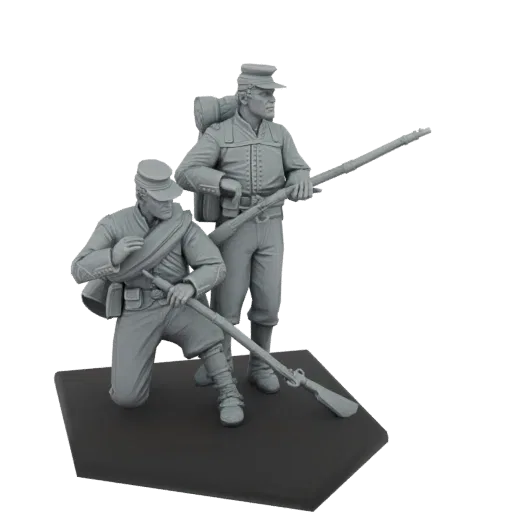 3D-Modell von zwei Unionssoldaten aus dem Amerikanischen Bürgerkrieg, einer kniend mit Gewehr, der andere stehend, auf einem