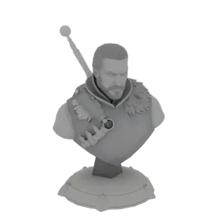 3D model bust of Geralt of Rivia from The Witcher, featuring his stern expression, beard, and armor, presented on a detailed