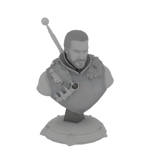 Busto 3D de Geralt de Rivia de The Witcher, com expressão severa, barba e armadura, apresentado sobre uma base detalhada.