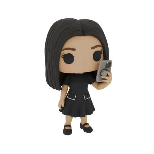 3D model of a stylized woman in a black dress holding a smartphone, with large eyes and a bob haircut.
