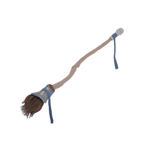 3D model of a fantasy flying broomstick with a wooden handle, brown brush, and blue fabric accents, isolated on a white backg