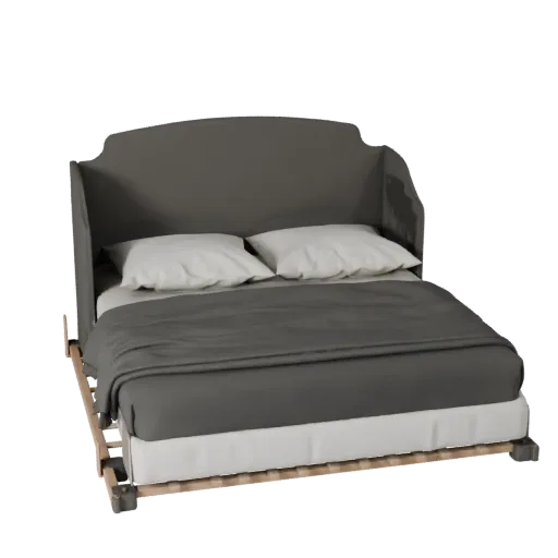 Canopy Bed Frame 3D model, bedroom, three-quarter front view, Unreal Engine viewport, fabric detail.
