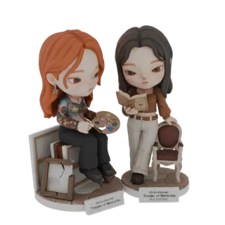 Render de modelo 3D de dos figuritas chibi: una pelirroja con paleta de artista, otra morena leyendo un libro, sobre una base