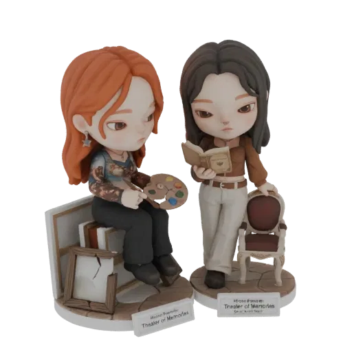 Rendu 3D de deux figurines chibi : une aux cheveux roux tenant une palette d'artiste, l'autre aux cheveux sombres lisant un l