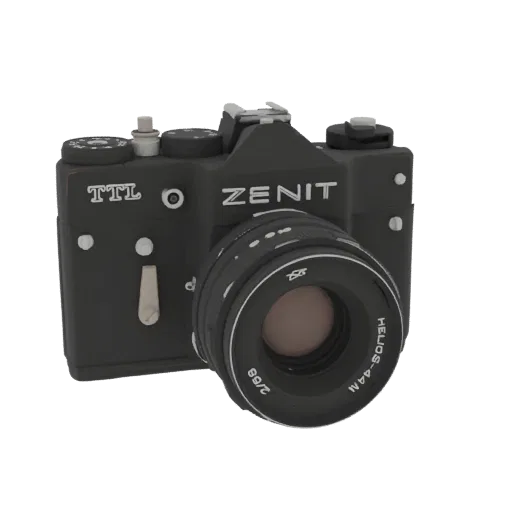 Un dettagliato modello 3D di una fotocamera a pellicola Zenit TTL nera con obiettivo Helios-44M.