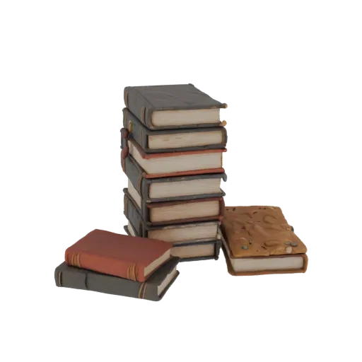 3D model of antique book stack, one with a decorative embossed cover, on black background