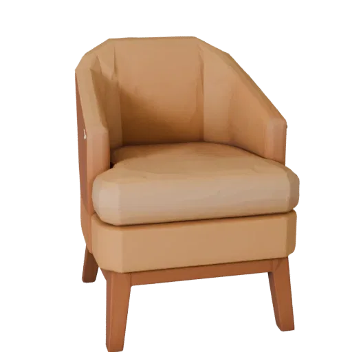 Velvet Accent Chair Low Poly 3D model, home interior, game viewport three-quarter view, wood detail.