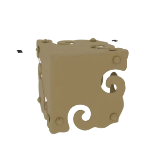 3D-Modell eines dekorativen Messing-Eckenschutzes mit Spiralmustern und sichtbaren Nieten, isoliert auf weißem Hintergrund.