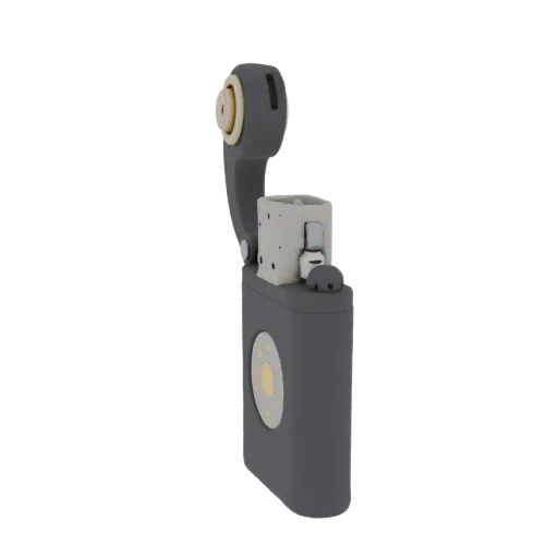 3D model of a stylized lighter shaped like a dark gray table lamp with a golden element and a switch lever.