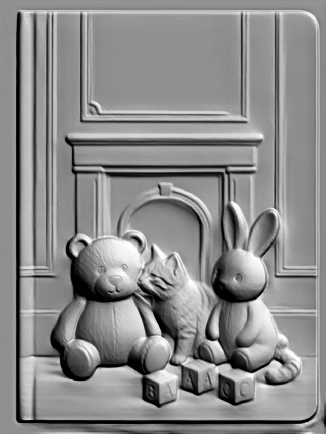 3D model of a bas-relief featuring a teddy bear, kitten, and bunny sitting on a shelf.
