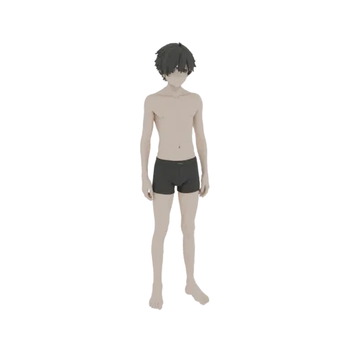 3D-Modell-Render eines jungen Mannes im Anime-Stil, stehend mit dunklen Haaren und dunkler Hose.