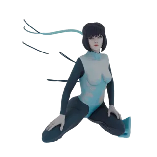 Modèle 3D femme cyberpunk agenouillée, portant une combinaison bleu et marine avec des accents bleus fluides, regardant devan