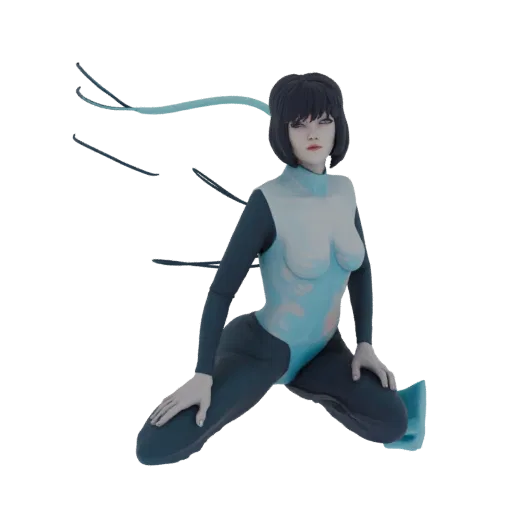 3D model of a cyberpunk woman kneeling, wearing a blue and navy bodysuit with flowing blue accents, looking forward.