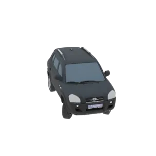 Modèle 3D d'un SUV gris foncé avec des barres de toit argentées, vu sous un angle légèrement élevé avant gauche.