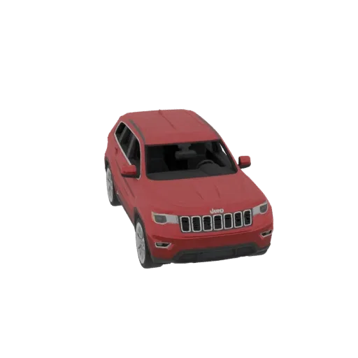 A 3D model of a red Jeep Grand Cherokee viewed from a slightly elevated front-right angle against a black background.