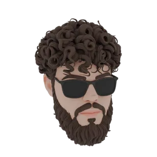 3D-Render eines stilisierten Kopfes mit voluminösem lockigem braunem Haar und schwarzer Sonnenbrille, mit Bart und hellem Hau