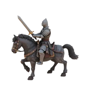 Modèle 3D de chevalier en casque et armure fissurée, monté sur un cheval avec épée, montrant une pose agressive et une énergi