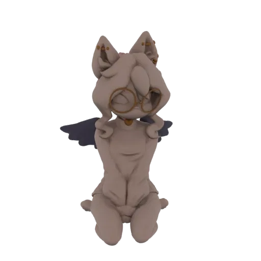 A 3D render of a cute, winged feline character with round glasses, sitting with hands clasped, against a white background.