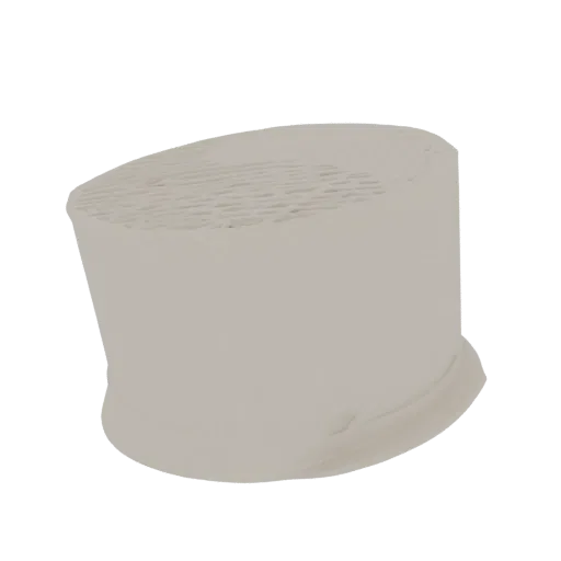 Modello 3D di un nucleo catalizzatore ceramico con struttura interna a nido d'ape visibile, renderizzato in materiale biancas