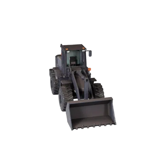 Roadwork Wheel Loader Low Poly 3D model, game viewport three-quarter view, showing painted steel, form detail.