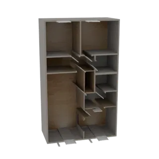 Modelo 3D de um roupeiro modular moderno com portas abertas, mostrando prateleiras ajustáveis e gavetas internas.
