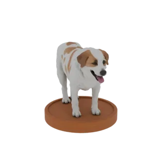 Modelo 3D de un perro Jack Russell Terrier blanco y marrón de pie sobre una base circular marrón, con la lengua fuera y miran