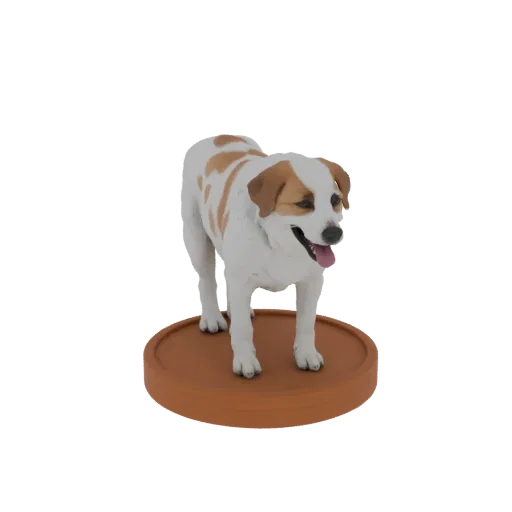 3D model of a white and brown Jack Russell Terrier dog standing on a brown circular base, with its tongue out and looking to