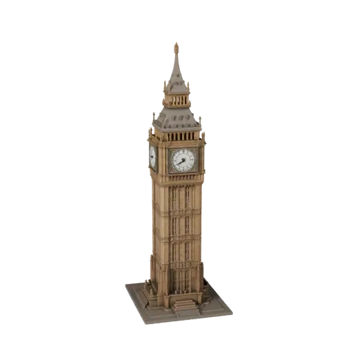 Modello 3D realistico di Big Ben, vista esterna a tre quarti, che mostra i materiali della struttura del punto di riferimento