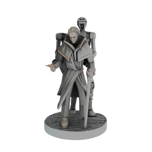 3D model of a sci-fi commander in a grey robe, standing next to a grey droid, on a textured base.