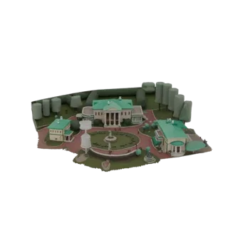 Modèle 3D d'un domaine miniature avec un manoir central, deux petits bâtiments, une fontaine et des arbres et haies stylisés.