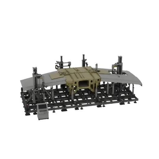 3D model of an industrial aircraft wing assembly jig with a complex metal frame and support structures.