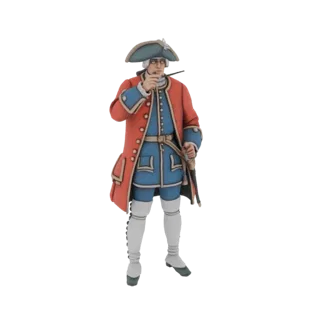 Modelo 3D de um oficial do século XVIII em casaco vermelho e colete azul, segurando um cachimbo, contra fundo branco.