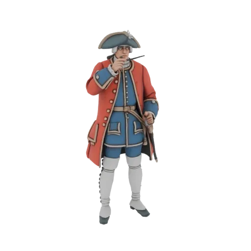 3D model of an 18th-century officer in a red coat and blue waistcoat, holding a pipe, against a white background.