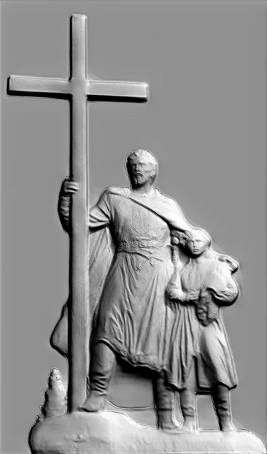 3D model of Prince Vladimir bas-relief with cross and son, in the style of historical sculpture.