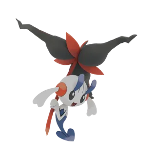Modelo 3D de Meloetta em Forma Canto, em uma pose de dança acrobática com as pernas estendidas para cima e os braços abertos.
