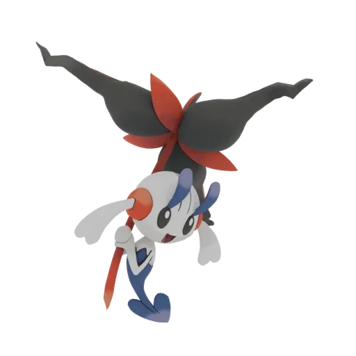 3D model of Meloetta in Aria Form, striking an acrobatic dance pose with legs extended upwards and arms outstretched.