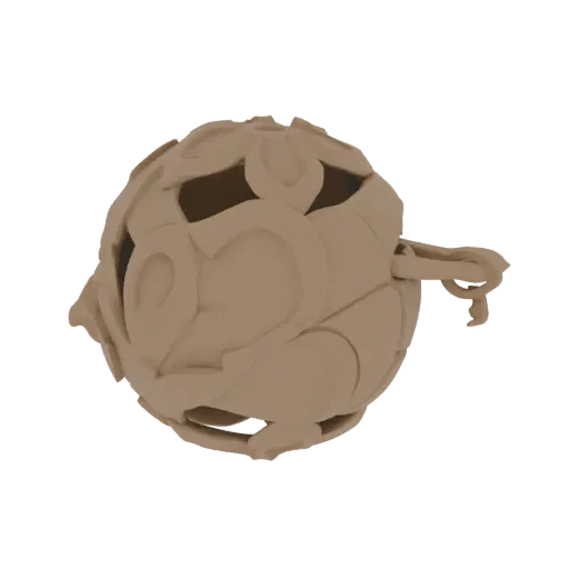 3D render of an ornate sphere with intricate floral patterns, a hollow interior, and a small loop.