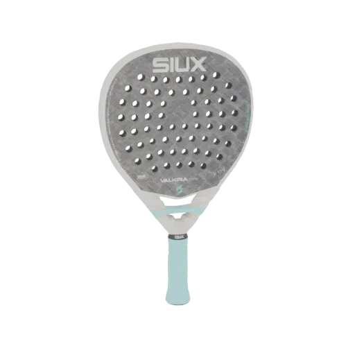 Modello 3D della Racchetta Padel Siux Valkyria Pro 2026, con faccia testurizzata grigia e logo 'SIUX', e impugnatura azzurra.