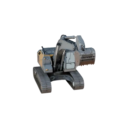 Construction Excavator 3D model, side profile view, technical viewport render, showing painted steel, form detail.