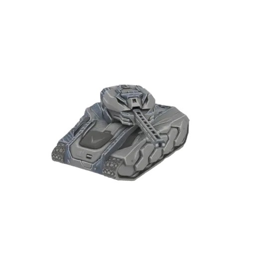 3D model of a futuristic armored tank with angular gray plating and a long cannon, viewed from a three-quarter angle.