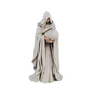 Modelo 3D de uma solene figura encapuzada em vestes fluidas, segurando ternamente um bebê envolto.