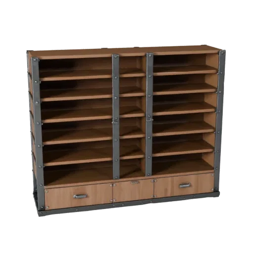 Industrial Bookshelf Realistic 3D model, dining room, three-quarter studio render, painted wood detail.