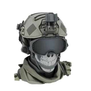 3D-Modell eines taktischen Helms mit Totenkopf-Gesichtsmaske und dunkler Brille, vor schwarzem Hintergrund.