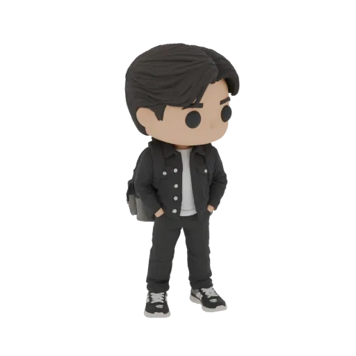 3D model of a stylized young man with dark hair, wearing a black jacket, white t-shirt, dark pants, and sneakers, carrying a