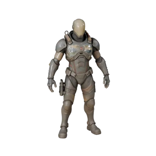 Personagem 3D Sci Fi Battle Hardened, vista do viewport do motor, ativo pronto para Unreal Engine com pose em pé e pbr
