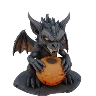 3D model of a grey gargoyle with wings spread, crouching and holding a carved orange jack-o'-lantern with a menacing expressi