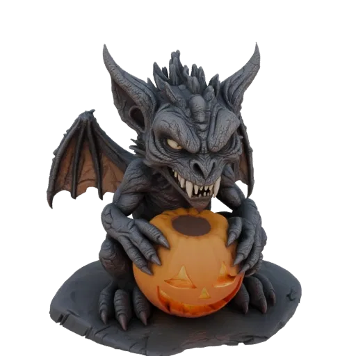 3D model of a grey gargoyle with wings spread, crouching and holding a carved orange jack-o'-lantern with a menacing expressi