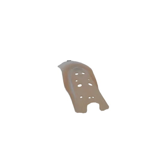 3D render of an abstract, smooth, beige organic form with multiple circular holes scattered across its surface, set against a