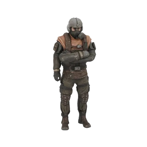 Ein 3D-Modell eines postapokalyptischen Soldaten, der mit verschränkten Armen steht und einen Helm und eine Gasmaske trägt.