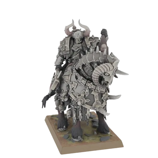 3D model of a Chaos Knight in spiked armor riding a large, horned ram with a skull-adorned barding, on a sandy base.
